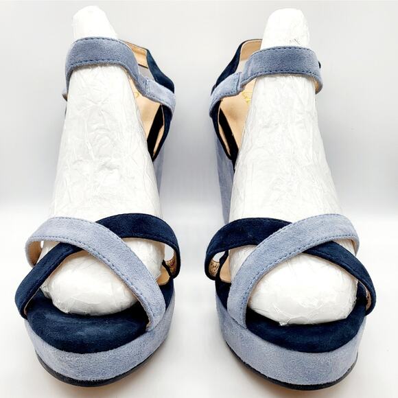 NWOT QLoxe Navy & Light Blue Colorblock Strappy Wedge Sandals Women's Size 8.5 - Picture 4 of 12